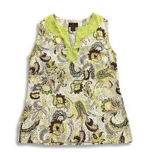 VTG Embroidered Linen Blend Paisley Boho Top Womens L Green Sleeveless V-Neck